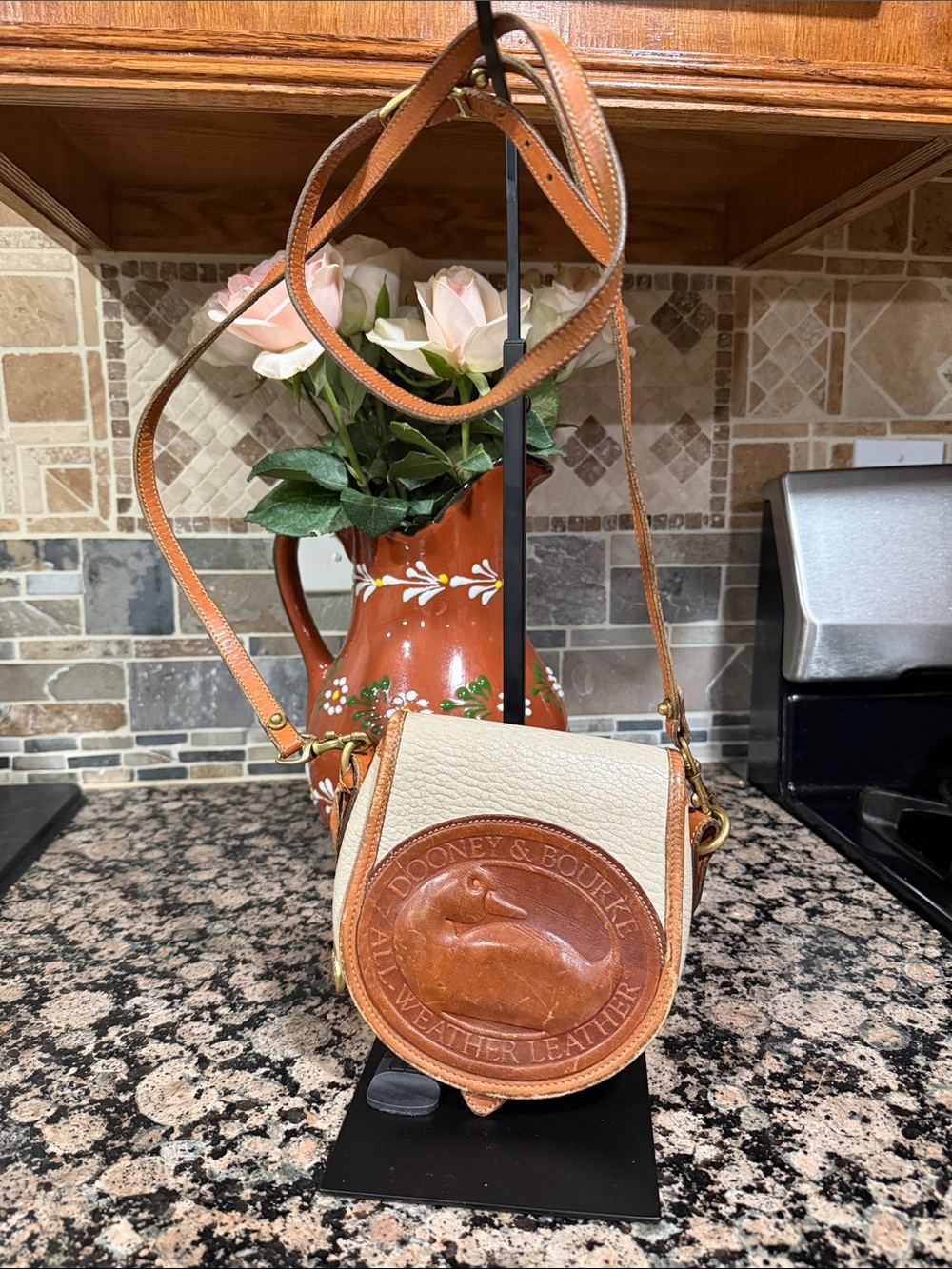 Dooney & Bourke 1990’s RARE Cream and Tan Leather Round Crossbody Bag